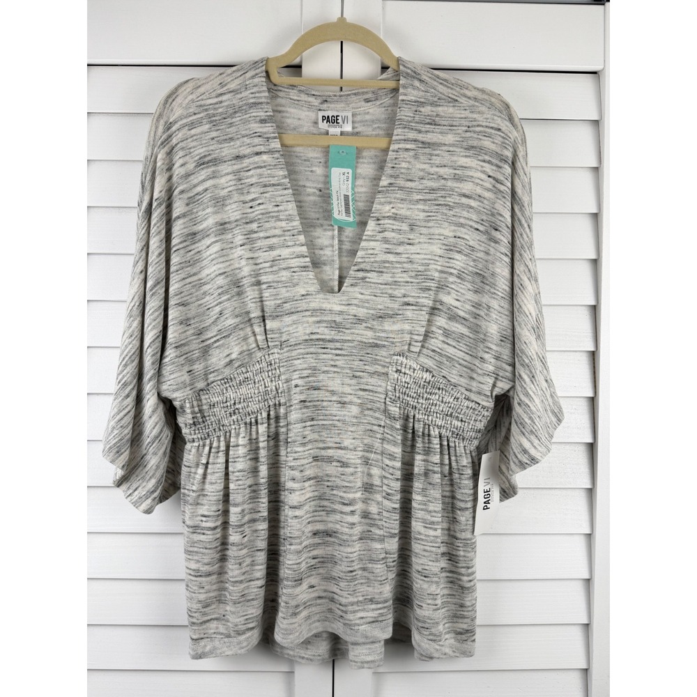 Page VI Dolman Knit Top XL Grey Gathered Waist Space Dye NEW